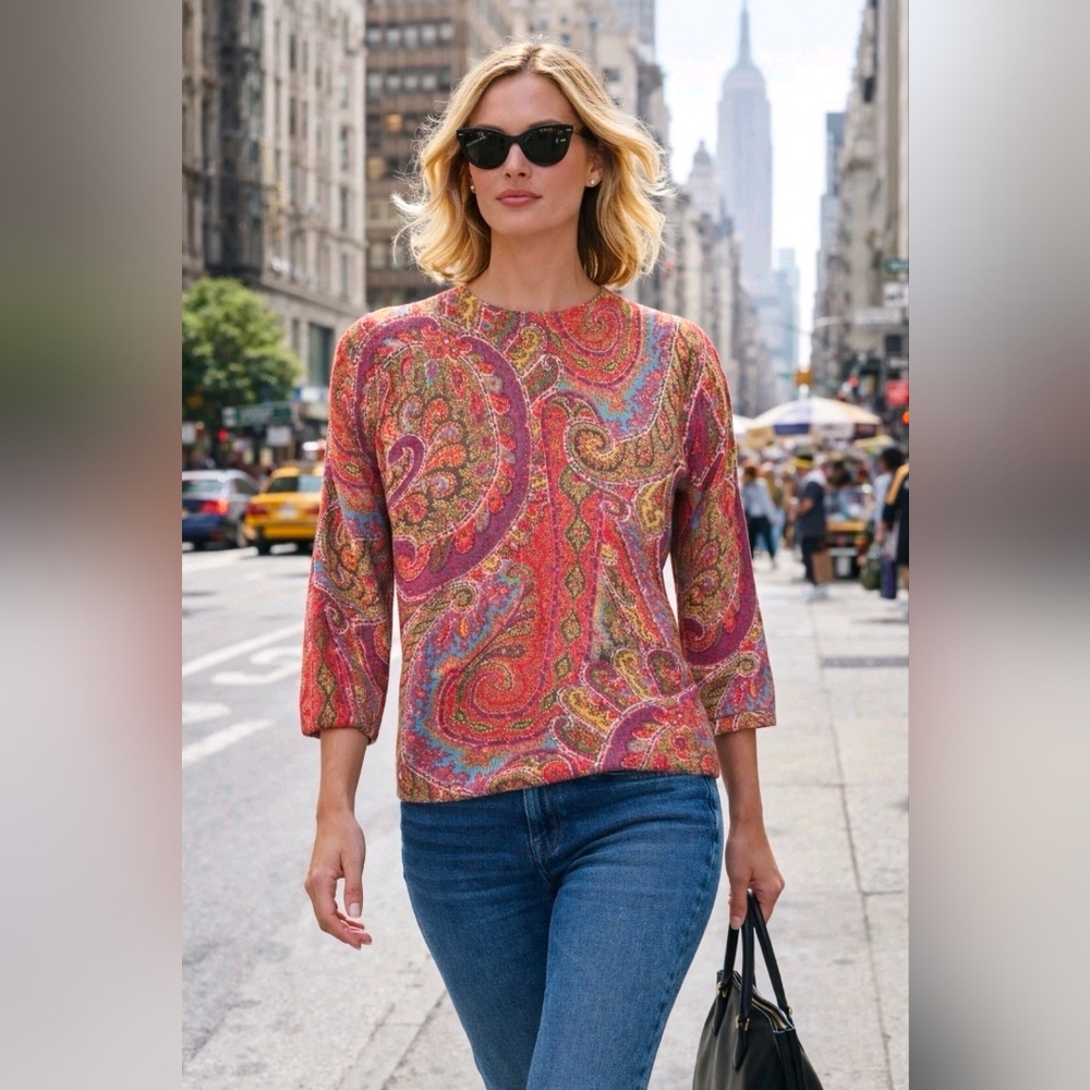 Talbots Cashmere Sweater Size L Petite Paisley Multicolor Crew Neck Pullover
